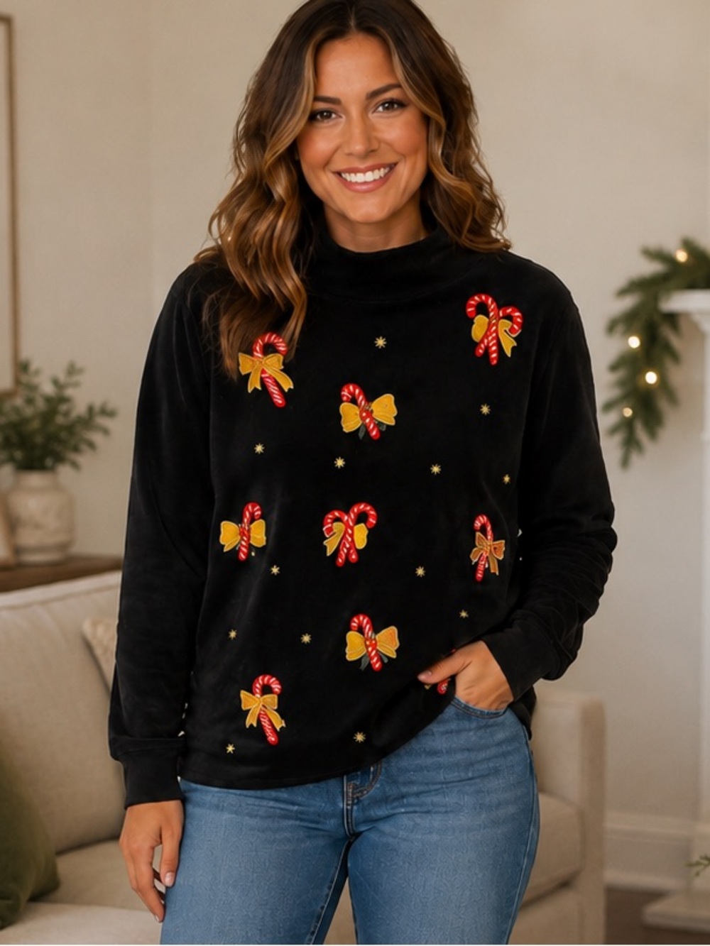 Vintage Karen Scott Sport Black Velvet Candy Cane Sweater Holiday PXL